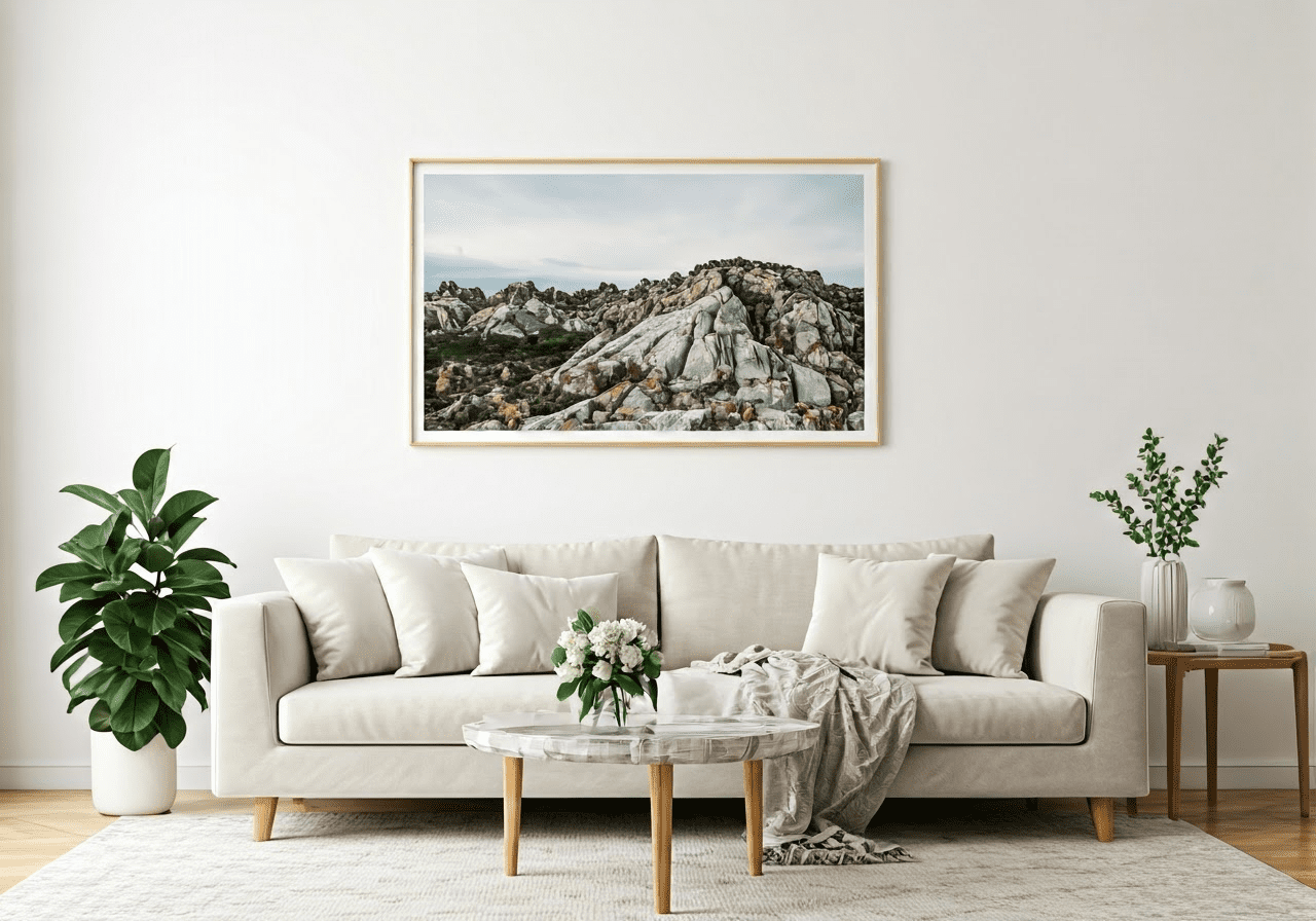 Art above sofa in stylish living room.