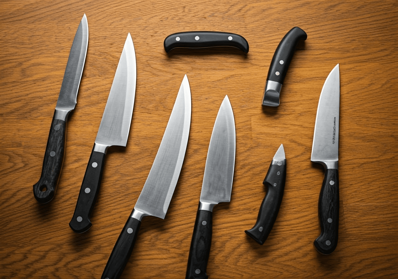 Various curved knives on a cutting board