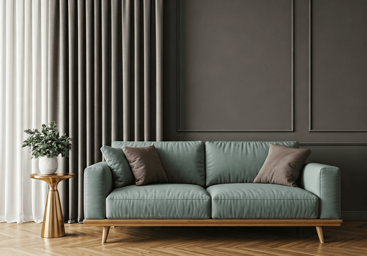 Living room with coordinated curtains and sofa.