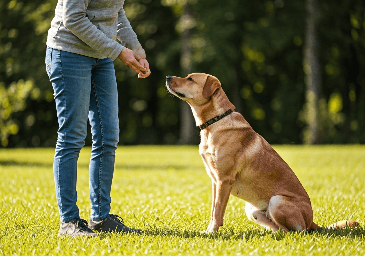 Owner training dog outdoors