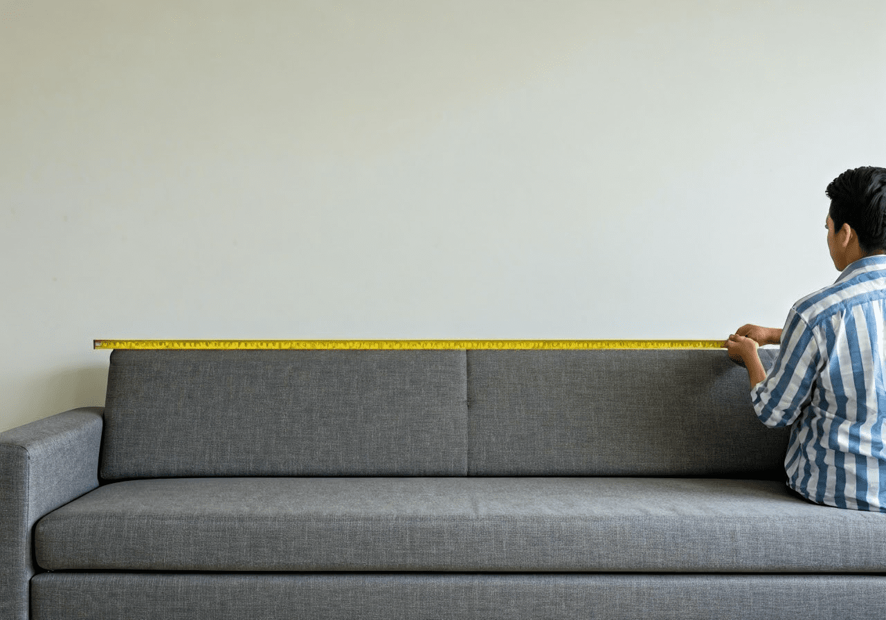 Measuring wall space above a sofa.