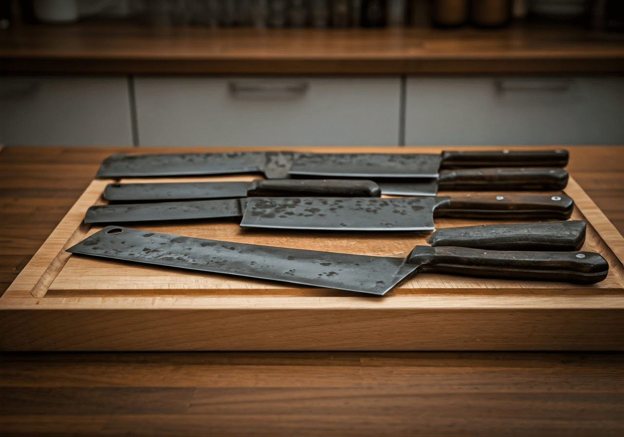 Collection of butcher knives on cutting board.