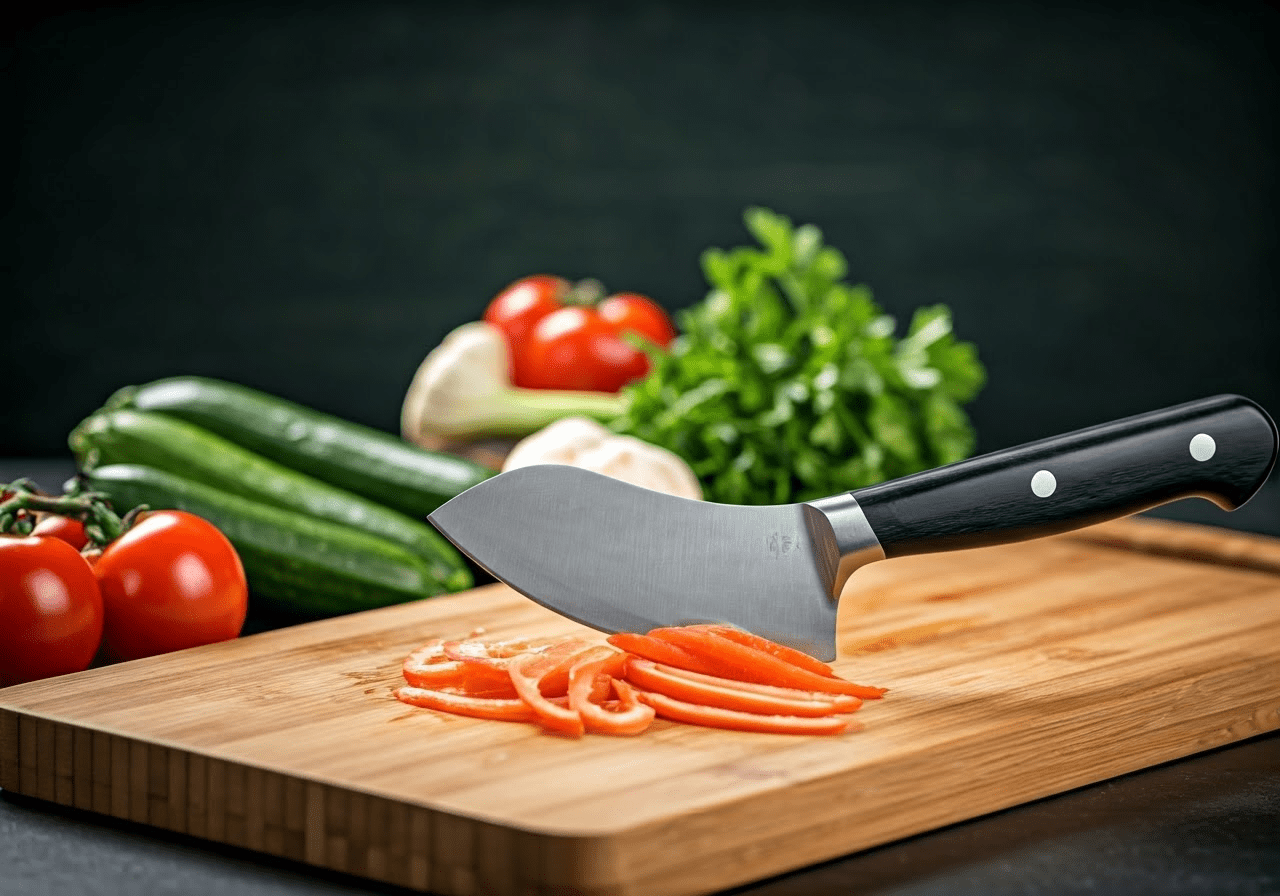 Curved knife on a cutting board with ingredients.