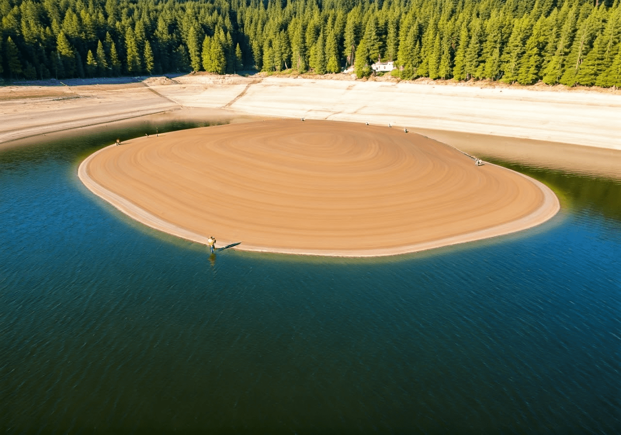 Workers preparing lake bed for bentonite.