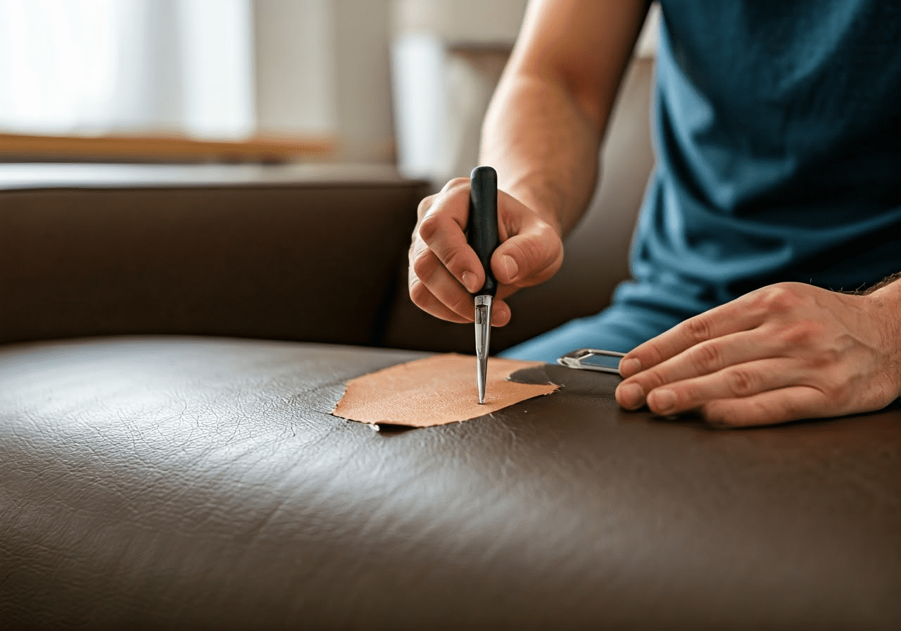 Applying leather repair kit on sofa.