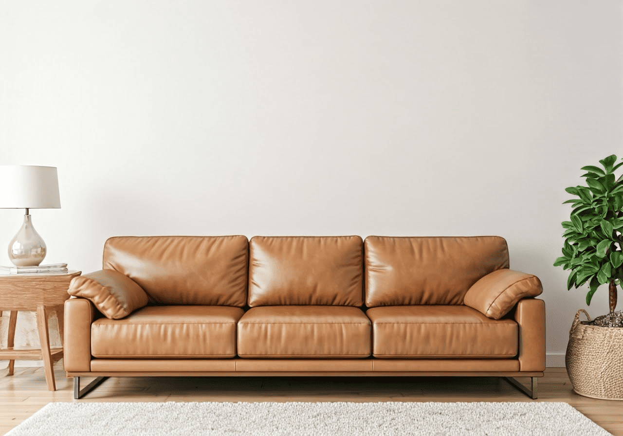 Well-maintained faux leather sofa in living room.