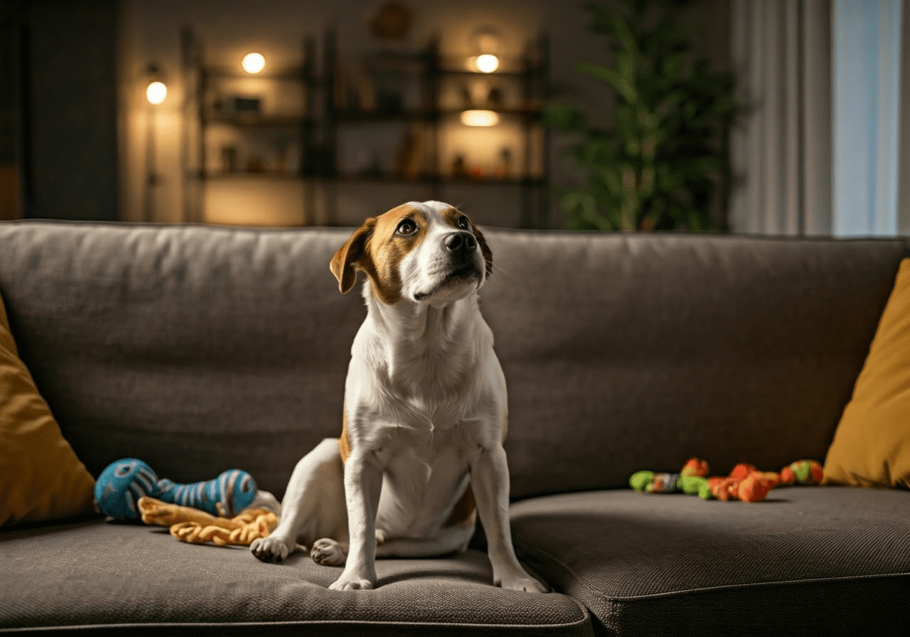 Dog confused on the sofa