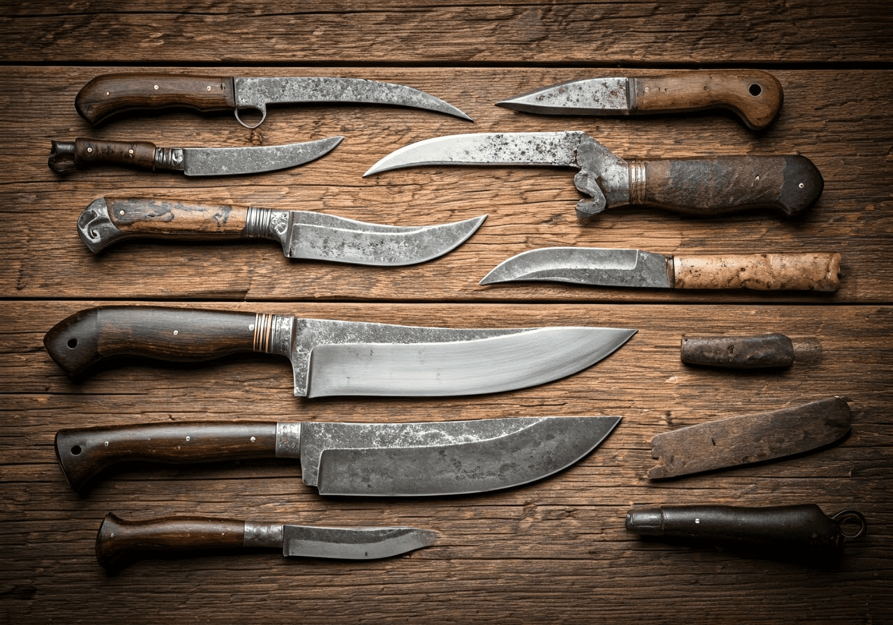 Various curved hunting knives displayed historically.