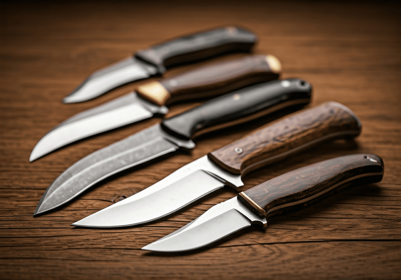 Different types of curved hunting knives showcased.